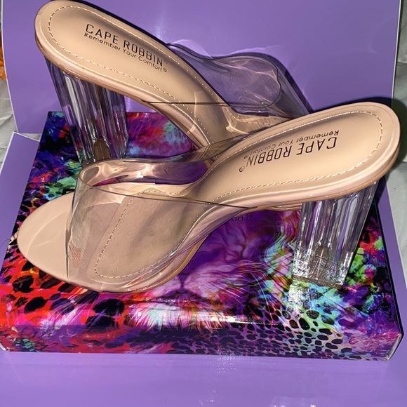 Cape Robbin Stealthy Clear Mule Sandals - Nude Transparent Peep Toe Slides, Size 5.5